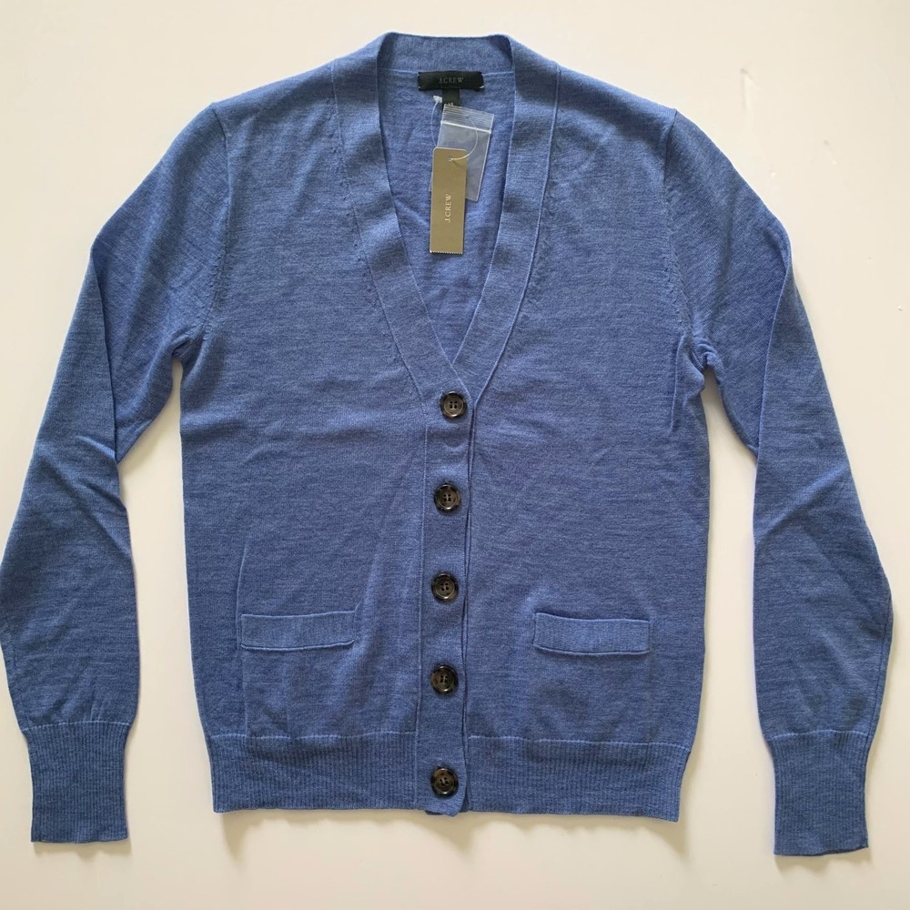NWT J‎ Crew Merino Wool V-neck Cardigan Sweater Pockets XS Heather Blue E0027